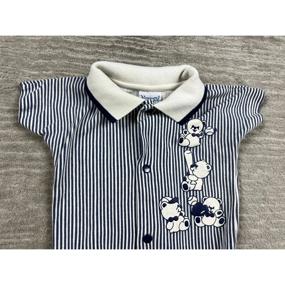 Nannette‎ Polo Bodysuit Baby Boy 3/6M Navy White Stripe Baseball Teddy Bear